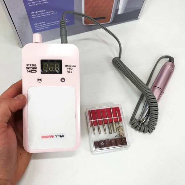 Портативний фрезер для нігтів Nail Drill YT-928 акумуляторний з індикатором заряду на 35 000 оборотів. Колір: рожевий ws79382-1 фото