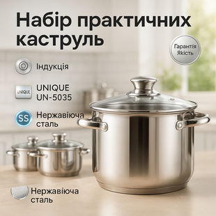 Набір каструль UNIQUE UN-5035 з нержавіючої сталі з товстим дном в 5 шарів з кришками, 12 предметів ws42346 фото