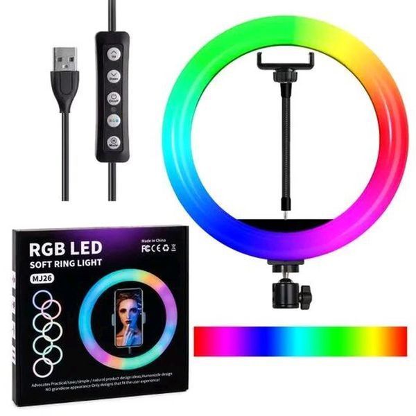 Кільцева світлодіодна лампа RGB LED RING MJ26 26 см з утримувачем телефону, кільцева лампа велика ws72796 фото