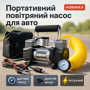 Автомобільний компресор двопоршневий 12V з манометром та насадками ws29184 фото