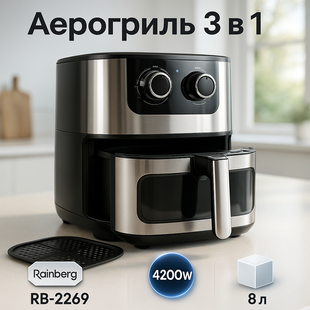 Аерогриль Rainberg RB-2269 4200Вт аерофритюрниця безмасляна для приготування без олії 8л ws36925 фото