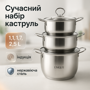 Набір каструль Unique UN-5072 8 предметів нержавіюча сталь скляні кришки, Набір посуду для плит ws93898 фото